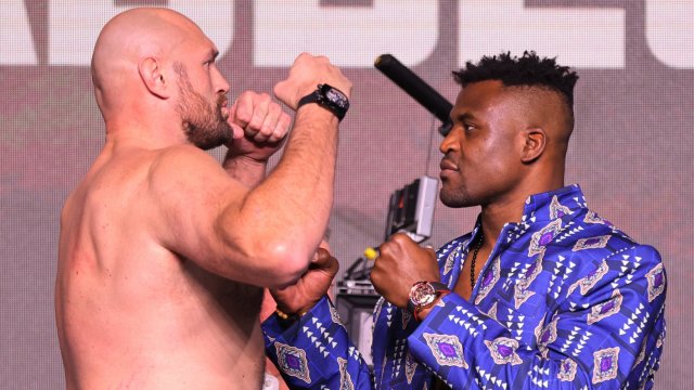 Article thumbnail: Boxing - Tyson Fury v Francis Ngannou - Press Conference - Riyadh, Saudi Arabia - October 26, 2023 Tyson Fury and Francis Ngannou face off during the press conference REUTERS/Ahmed Yosri