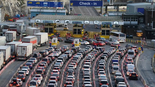 Traffic queues for ferries at the Port of Dover in Kent as people travel to their destinations for the Christmas period. Picture date: Saturday December 23, 2023. PA Photo. See PA story TRANSPORT Getaway. Photo credit should read: Gareth Fuller/PA Wire