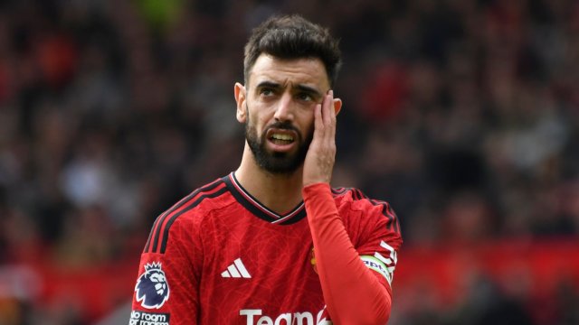 Article thumbnail: Manchester United's Bruno Fernandes reacts during the English Premier League soccer match between Manchester United and Burnley at Old Trafford stadium in Manchester, England, Saturday, April 27, 2024. (AP Photo/Rui Vieira)