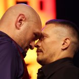 Article thumbnail: LONDON, ENGLAND - NOVEMBER 16: Tyson Fury and Oleksandr Usyk face off during the Tyson Fury v Oleksandr Usyk Press Conference at Outernet London on November 16, 2023 in London, England. (Photo by Alex Pantling/Getty Images)