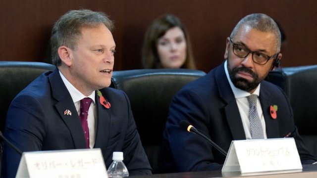 Article thumbnail: TOKYO, JAPAN - NOVEMBER 7: British Secretary of State for Defence Grant Shapps (L) and Foreign Secretary James Cleverly attend a meeting with Japan's Foreign Minister Yoko Kamikawa and Defence Minister Minoru Kihara (not pictured) at the Foreign Ministry on November 7, 2023, in Tokyo, Japan. James Cleverly is visiting Japan within the G7 Foreign Ministers meeting that is held on November 7 to 8, in the capital of Japan. (Photo by Franck Robichon - Pool/Getty Images)