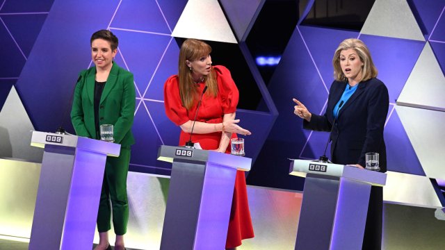 Article thumbnail: For use in UK, Ireland or Benelux countries only BBC handout photo of (left-right) co-leader of the Green Party Carla Denyer, deputy Labour leader Angela Rayner and Commons Leader Penny Mordaunt, taking part in the BBC Election Debate hosted by BBC news presenter Mishal Husain, at BBC Broadcasting House in London, ahead of the General Election on July 4. Picture date: Friday June 7, 2024. PA Photo. See PA story POLITICS Election Labour. Photo credit should read: Jeff Overs/PA Wire NOTE TO EDITORS: Not for use more than 21 days after issue. You may use this picture without charge only for the purpose of publicising or reporting on current BBC programming, personnel or other BBC output or activity within 21 days of issue. Any use after that time MUST be cleared through BBC Picture Publicity. Please credit the image to the BBC and any named photographer or independent programme maker, as described in the caption.