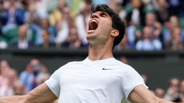 Article thumbnail: Carlos Alcaraz of Spain celebrates after defeating Daniil Medvedev of Russia in their semifinal match at the Wimbledon tennis championships in London, Friday, July 12, 2024. (AP Photo/Kirsty Wigglesworth)