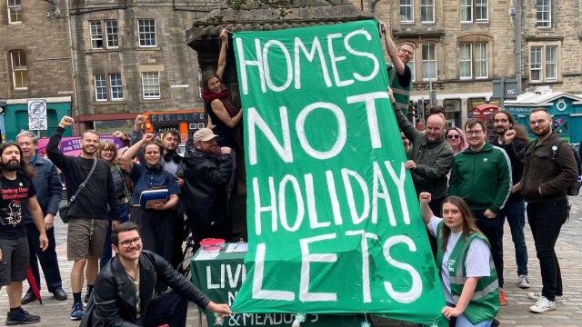 Article thumbnail: Members of the Living Rent tenants' union in Edinburgh protest against short-term lets in the city (Photo: supplied)