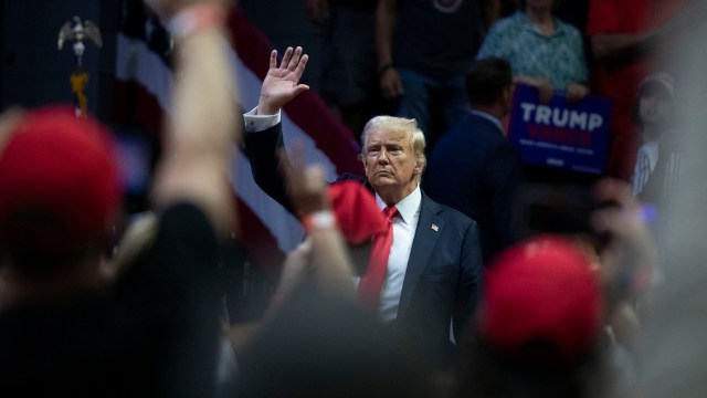 GRAND RAPIDS, MICHIGAN - JULY 20: Republican Presidential nominee former President Donald J. Trump holds his first public campaign rally with his running mate, Vice Presidential nominee U.S. Senator J.D. Vance (R-OH) (not pictured), at the Van Andel Arena on July 20, 2024 in Grand Rapids, Michigan. This is also Trump's first public rally since he was shot in the ear during an assassination attempt in Pennsylvania on July 13. (Photo by Bill Pugliano/Getty Images) *** BESTPIX ***