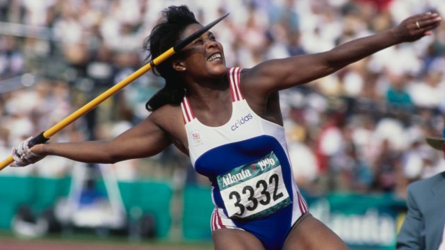 Tessa Sanderson of Great Britain prepares to launch the javelin during qualifying for the Women's Javelin throw event on 26th July 1996 during the XXVI Summer Olympic Games at the Centennial Olympic Stadium in Atlanta, Georgia, United States. (Photo by Tony Duffy/Allsport/Getty Images)