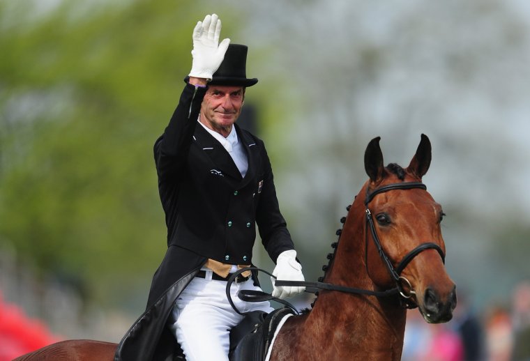 BADMINTON, UNITED KINGDOM - MAY 06: Mark Todd of New Zealand riding Leonidas II waves to the crowd during Day Three of the Badminton Horse Trials on May 6, 2016 in Badminton, Gloucestershire. (Photo by Harry Trump/Getty Images)