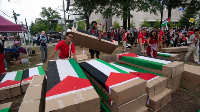 Pro-Palestinian demonstrators prepare cardboard coffins a for a protest before Israeli Prime Minister Benjamin Netanyahu addresses a joint meeting of Congress on July 24, 2024, in Washington, DC. (Photo by Matthew Hatcher / AFP) (Photo by MATTHEW HATCHER/AFP via Getty Images)