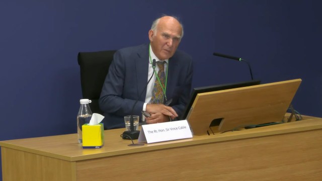 Screen grab taken from the Post Office Horizon IT Inquiry of Sir Vince Cable giving evidence to the inquiry at Aldwych House, central London, as part of phases five and six of the probe, which is looking at governance, redress and how the Post Office and others responded to the scandal. Picture date: Thursday July 25, 2024. PA Photo. See PA story INQUIRY Horizon. Photo credit should read: Post Office Horizon IT Inquiry/PA Wire NOTE TO EDITORS: This handout photo may only be used for editorial reporting purposes for the contemporaneous illustration of events, things or the people in the image or facts mentioned in the caption. Reuse of the picture may require further permission from the copyright holder.